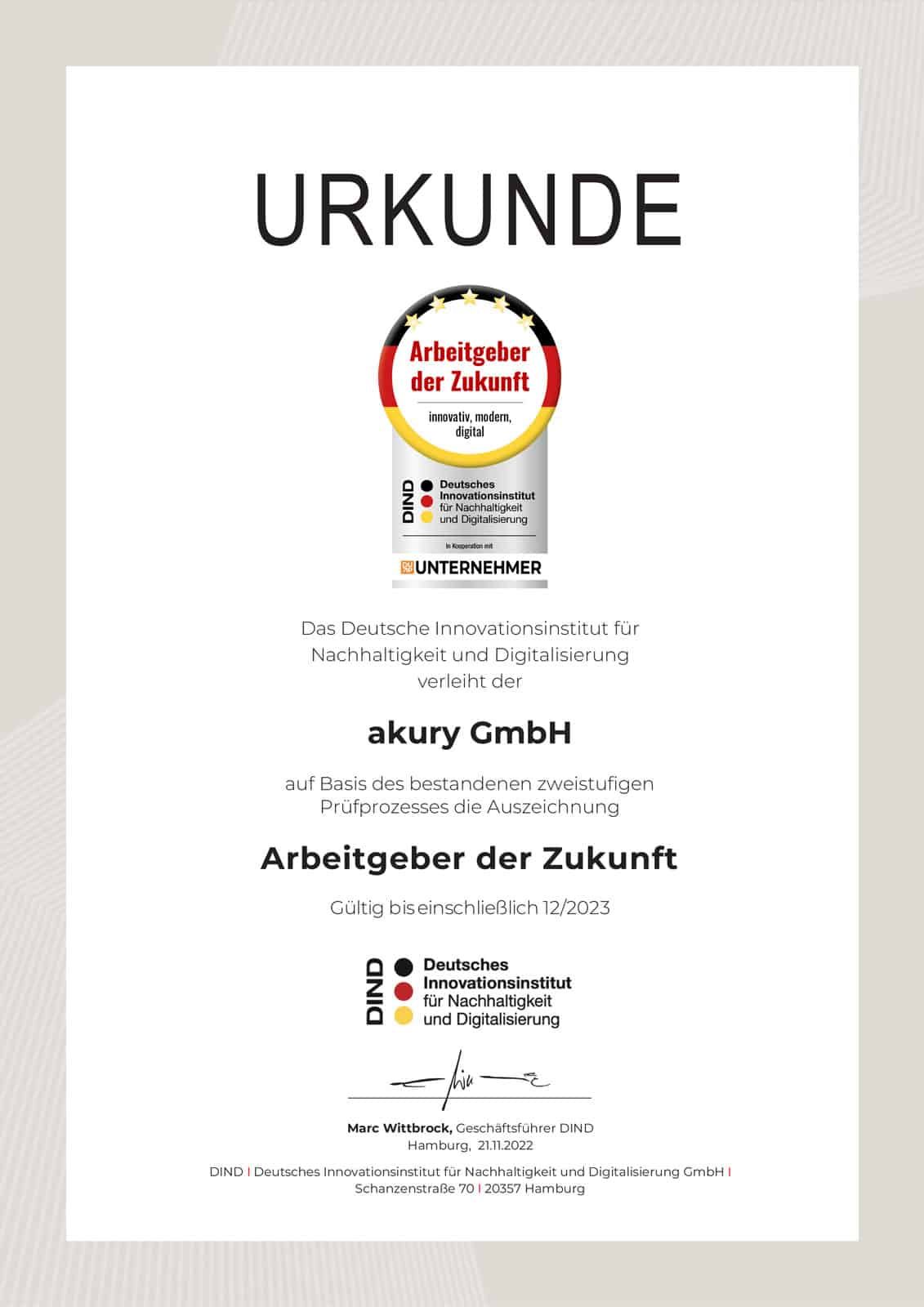 Urkunde akury GmbH als ARBEITGEBER DER ZUKUNFT